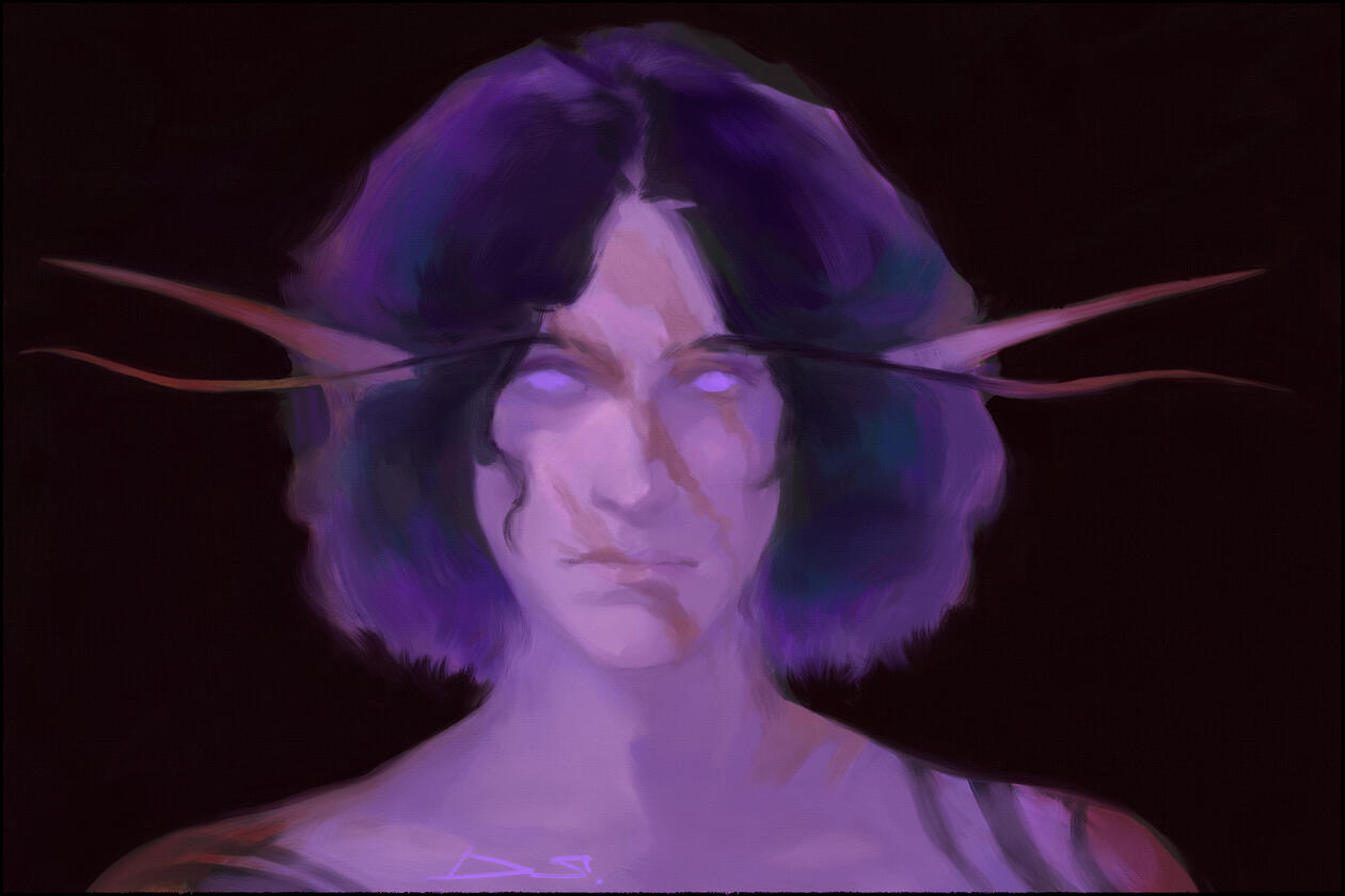 Portrait of a Void elf with purple skin, a waevy curly bob